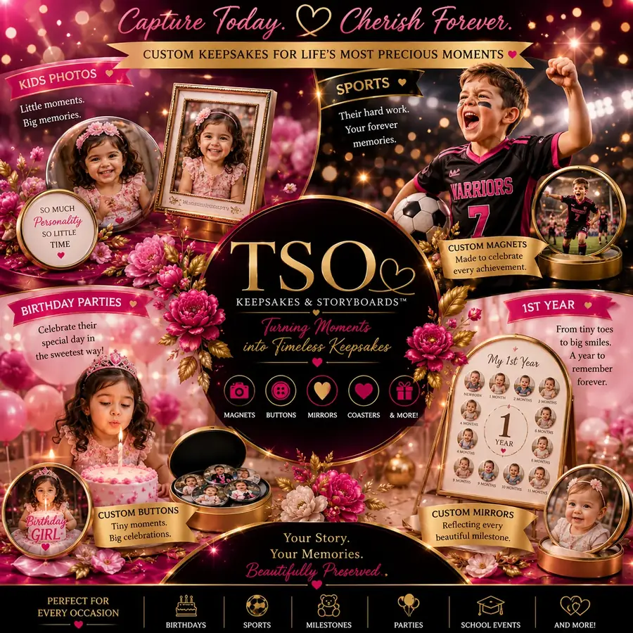 Kids, sports, birthday, and first-year custom photo magnet collection in TSO styling