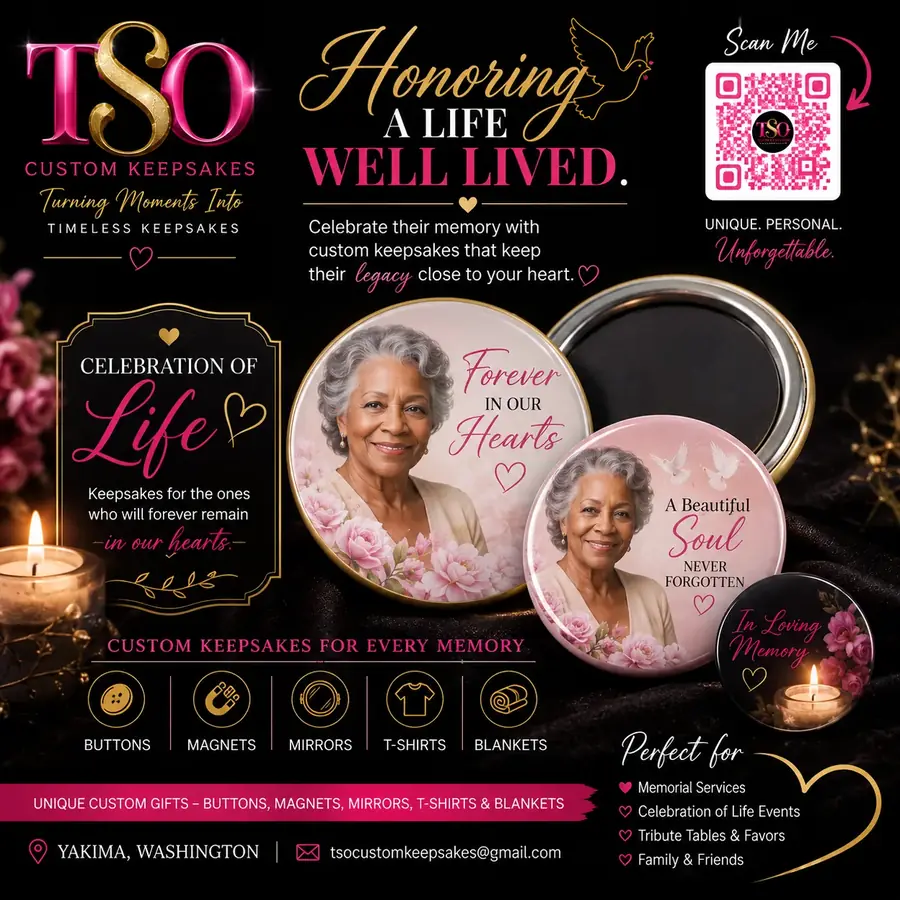 Memorial photo magnet collection with black, gold, and pink remembrance styling